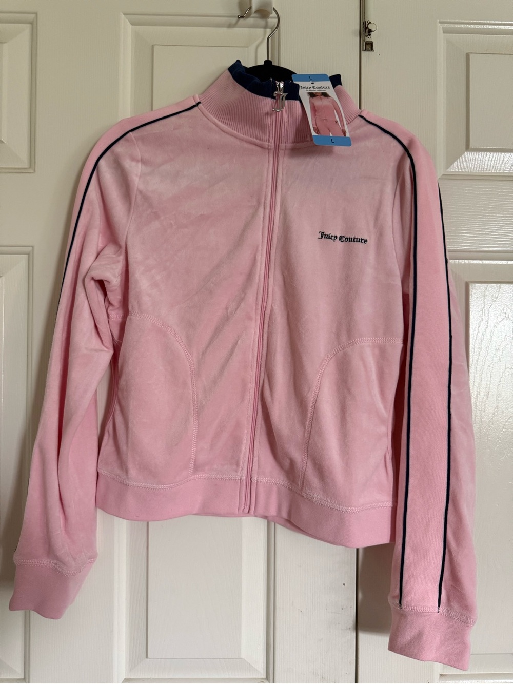 Juicy Couture Light Pink Velour Track Jacket with Navy Piping